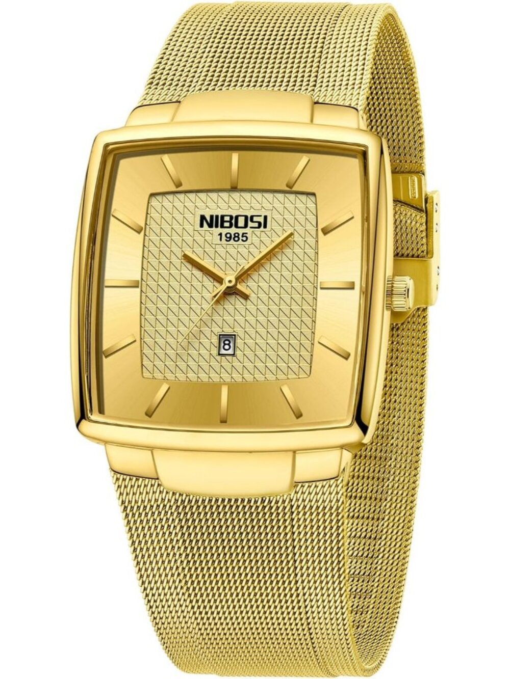 Nibosi Men's All Gold Square Analog Quartz Stainless Mesh Strap Waterproof Watch
